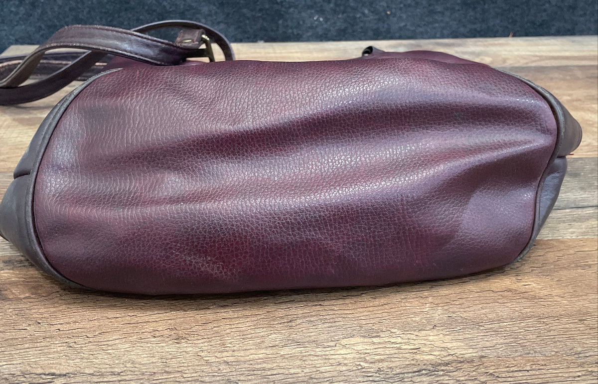 Stone Mountain Maroon Pebbled Leather Shoulder Bag Tote Vintage Brown Trim