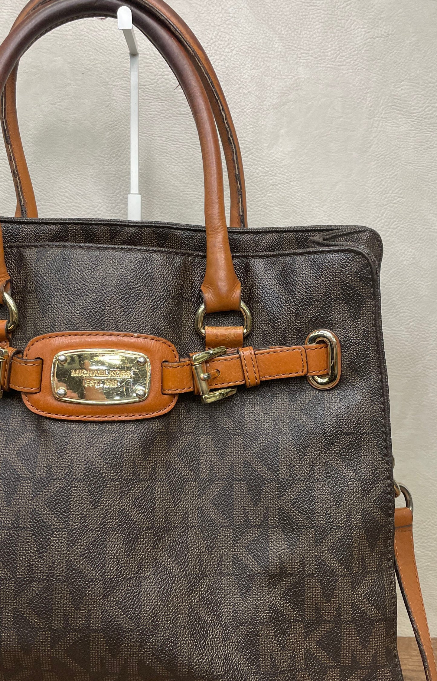 Michael Kors Brown Monogram Signature Canvas Satchel Handbag Gold Hardware