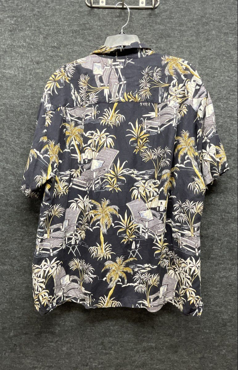 Caribbean Joe Men's Hawaii Shirt Navy Blue Linen Blend Tropical Palm Sz L