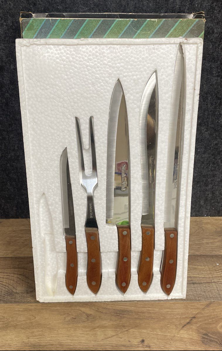 Vintage De Luxe 5pc Kitchen Knife Carving Set Stainless Steel 1970s w/ Box
