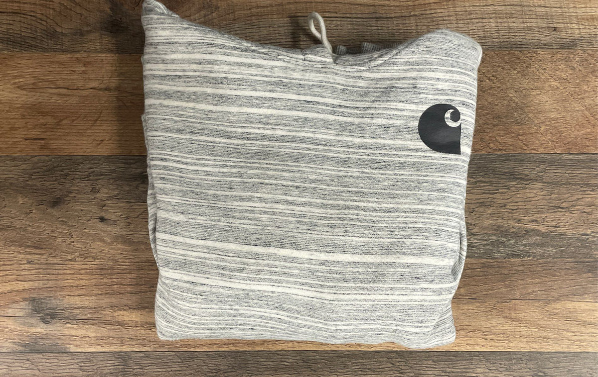 Carhartt Women's Relaxed Fit Gray Striped Graphic Sleeve Hoodie Sz S