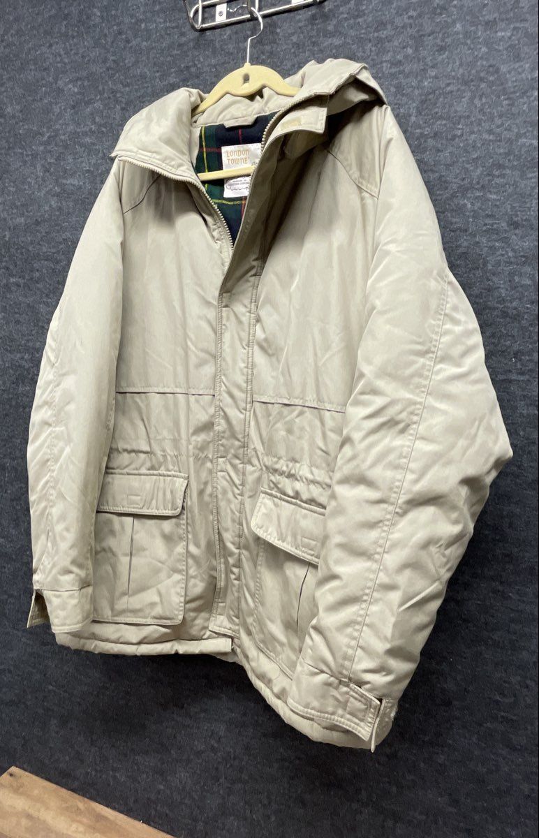 Vintage 80s London Towne Tan Plaid Lined Hooded Parka Jacket Sz XL Long