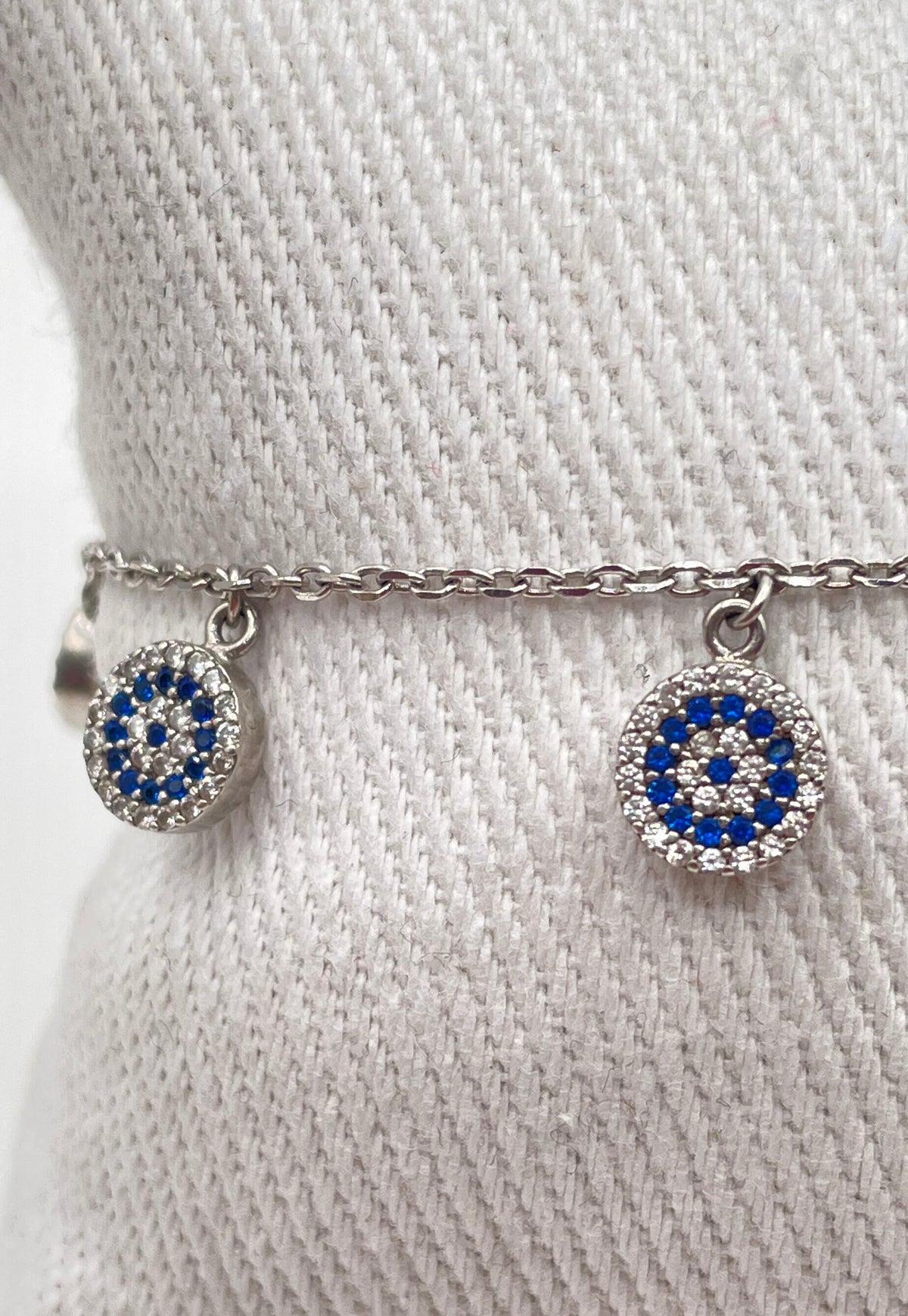 925 Sterling Silver Blue & White CZ Evil Eye Charm Link Bracelet 5.6g