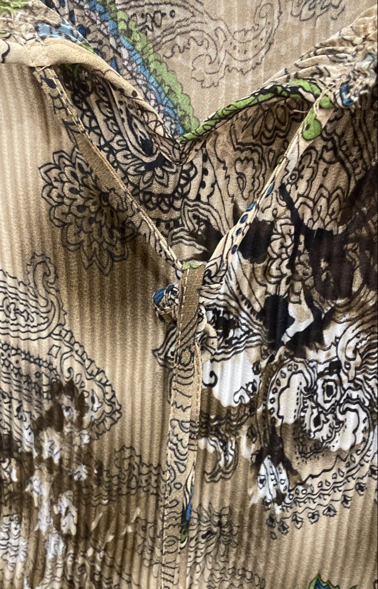 Avenue Women's Brown Geometric Paisley Pleated Tie Neck Blouse Tunic Sz 22/24