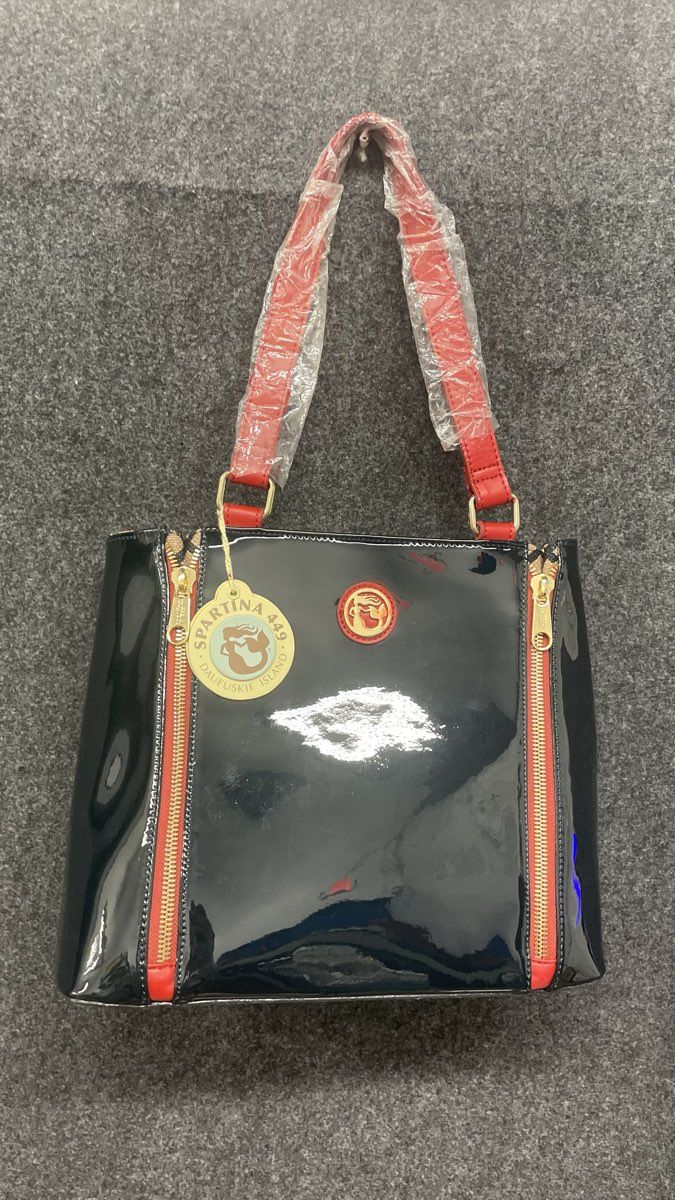 Spartina 449 Black Glossy Patent Charter Tote Bag Red Trim Gold Hardware NWT
