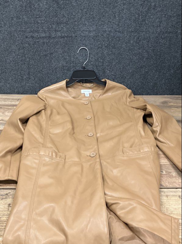 Calvin Klein Women's Tan Faux Leather Collarless Button Front Jacket Sz M