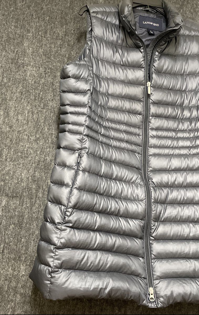 Lands' End Girls Down Puffer Vest Metallic Gray Quilted Full Zip Sz L 14-16