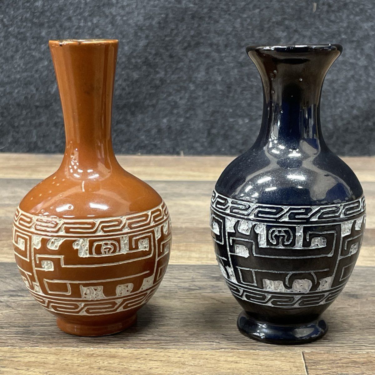 Vintage Pair Hand Carved Sgraffito Pottery Vases Aztec Style Black Brown Set