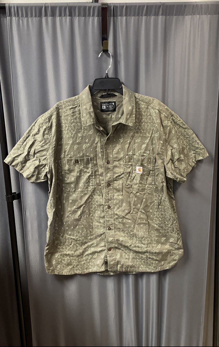 Carhartt Men's Green Pattern Short Sleeve Button Up Relaxed Fit Shirt Sz XL