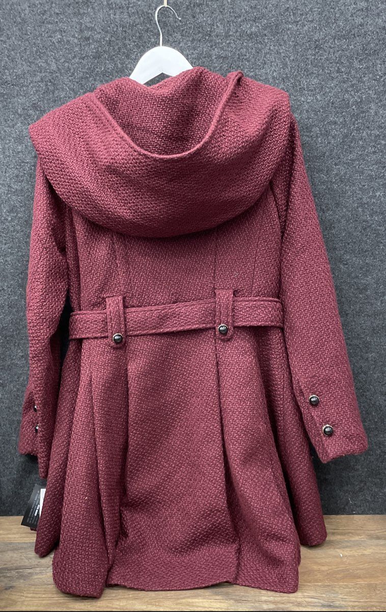 Steve Madden Women's Merlot Hooded Wool Blend Coat Leopard Trim NWT Sz S