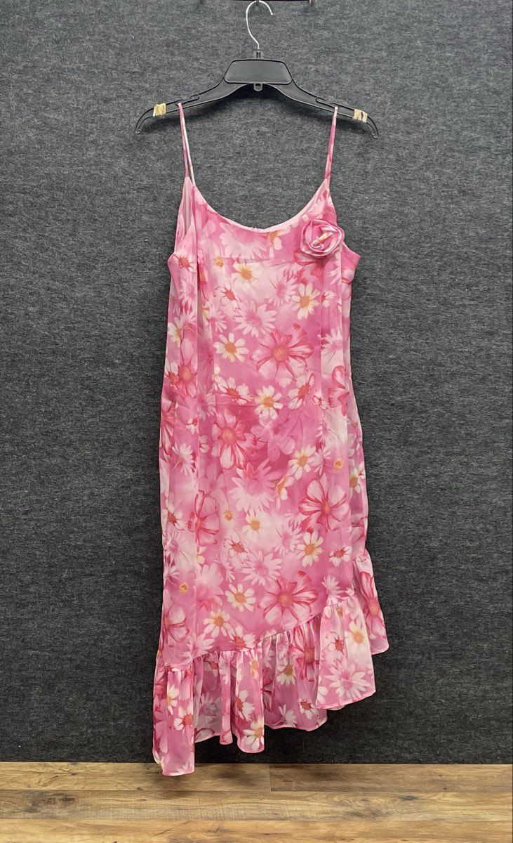Vintage Y2K Donna Ricco Women's Pink Floral Ruffle Hem Spaghetti Strap Dress 14
