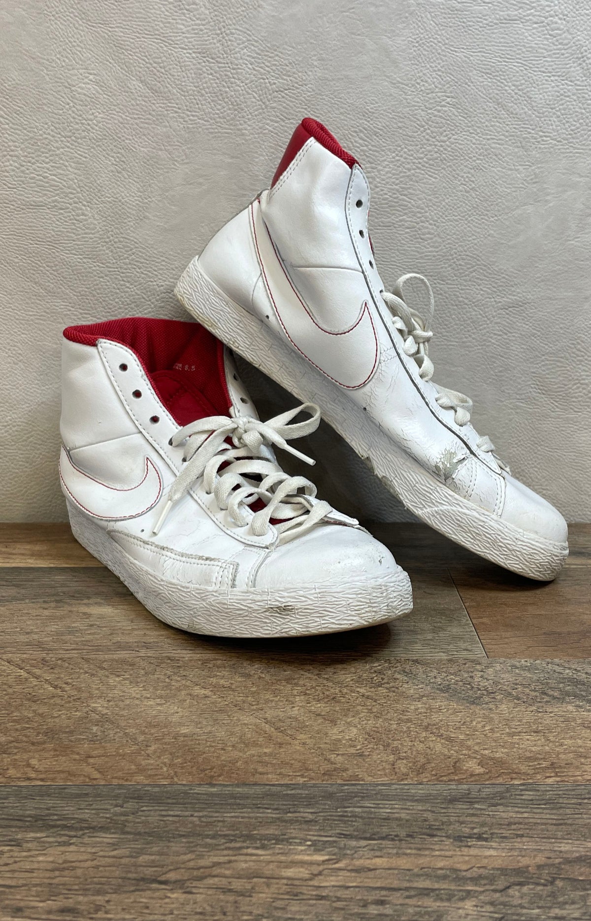 Nike Blazer High White Red Stitched Swoosh Sneakers Size 8.5