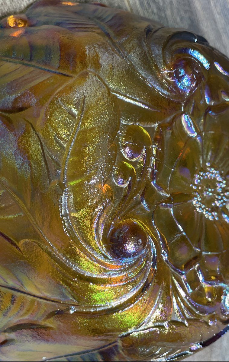 Indiana Glass Wild Rose 9" Ruffled Bowl Marigold Carnival Vintage