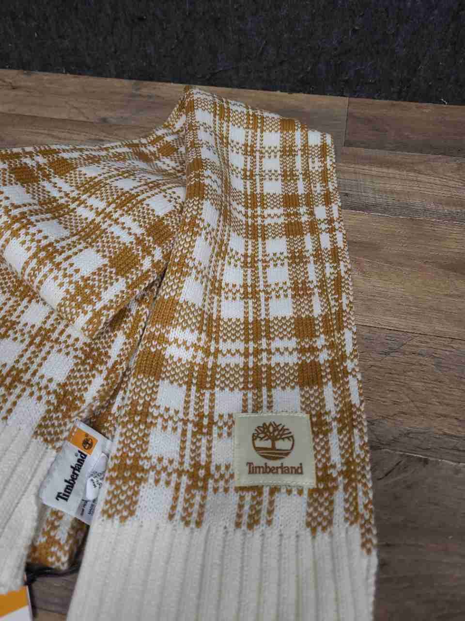 Timberland Unisex Plaid Knit Scarf Mustard White Checkered NWT
