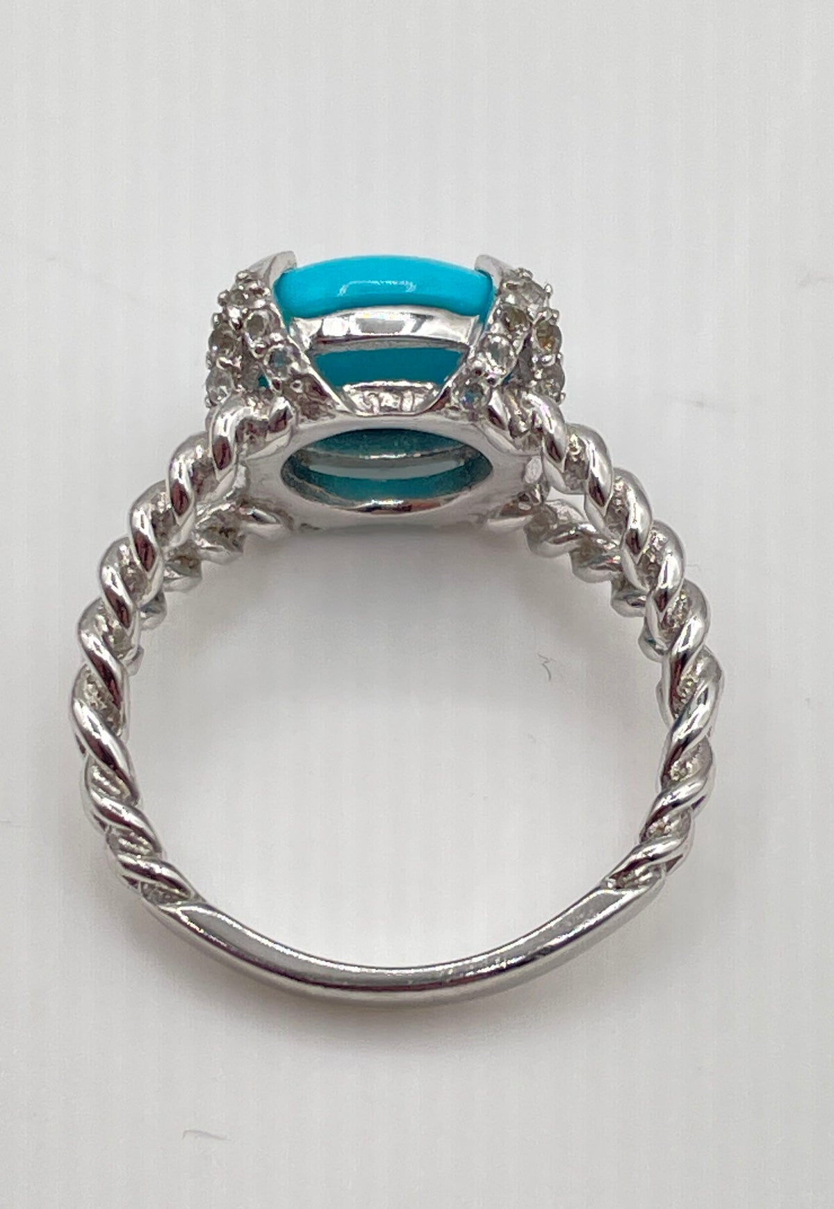 925 Sterling Silver Faux Turquoise Topaz Accents Twisted Rope Band Ring 3.5g