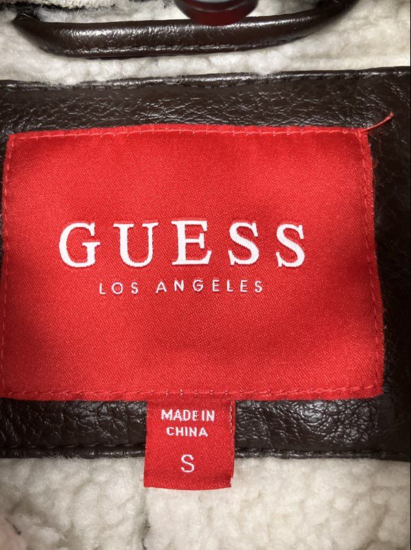 Guess Men's Faux Leather Sherpa Aviator Jacket Brown Fleece Collar Size S