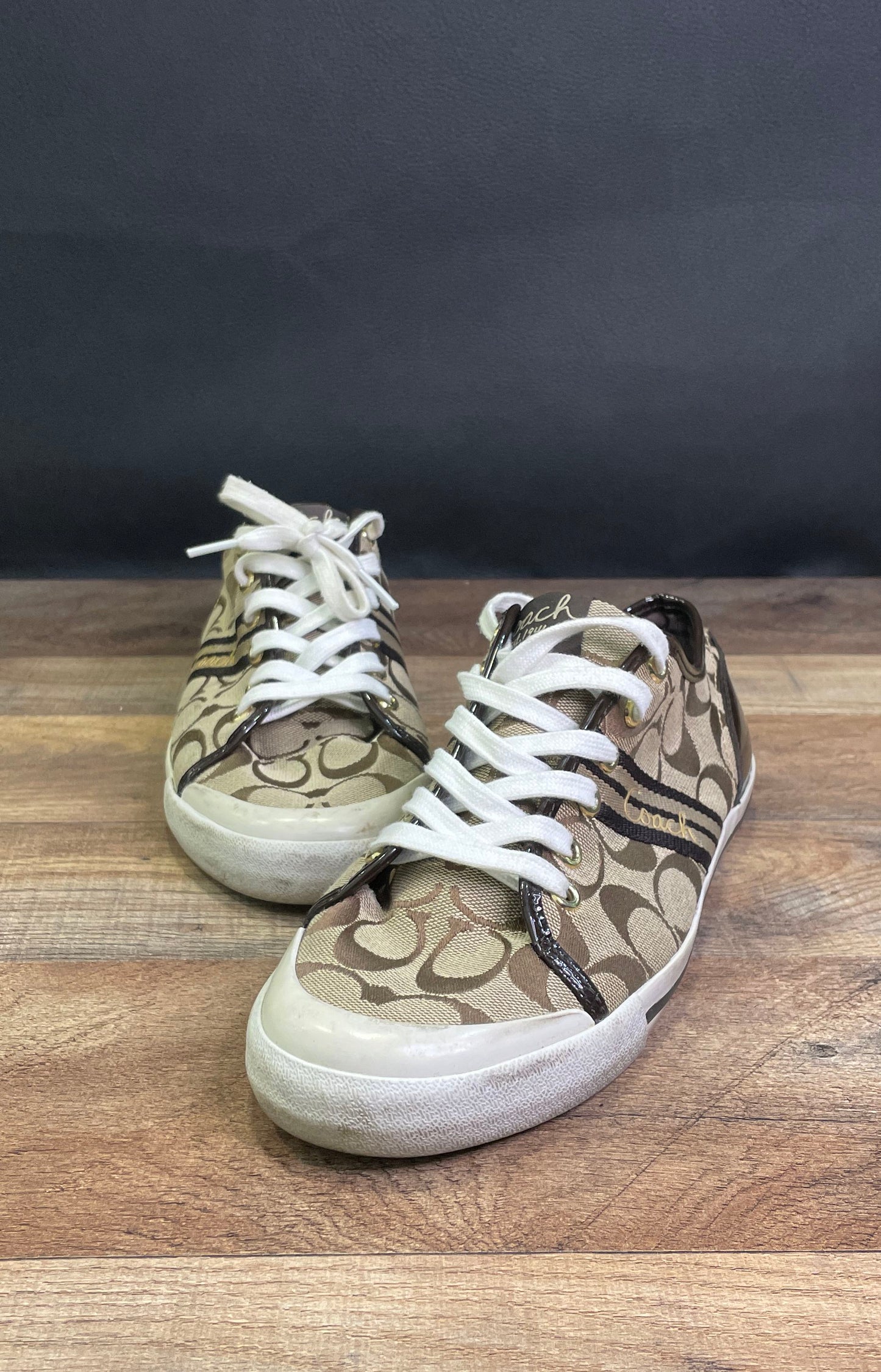 Coach Barrett Signature Jacquard Khaki Brown Low Top Sneakers Women's Size 9B