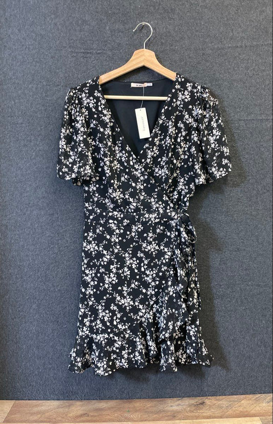 Mi Ami Women's Black White Floral Print Ruffle Wrap Dress Sz L NWT