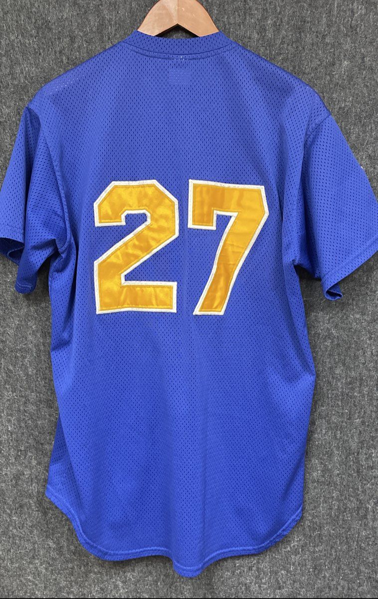 Uniforms Express Mens Blue King George Foxes Stitched Mesh Baseball Jersey #27 L