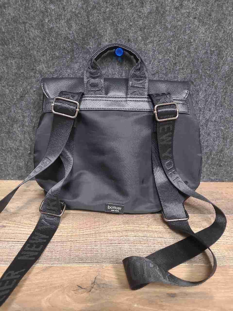 Botkier New York Black Nylon and Leather Trim Backpack Bag Logo Straps