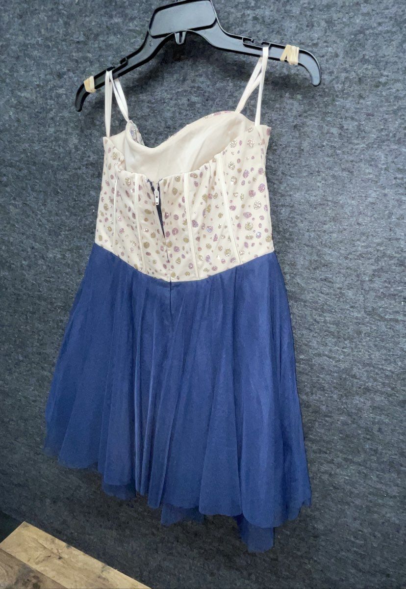 Women's Navy Blue Tulle Homecoming Dress Rhinestone Beaded Corset Bodice Sz M