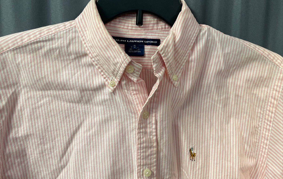 Ralph Lauren Sport Women's Pink White Striped Cotton Button Up Shirt Size 10