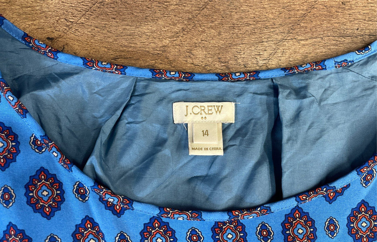 J. Crew Women's Blue Medallion Print Long Sleeve Faux Wrap Lined Dress Size 14
