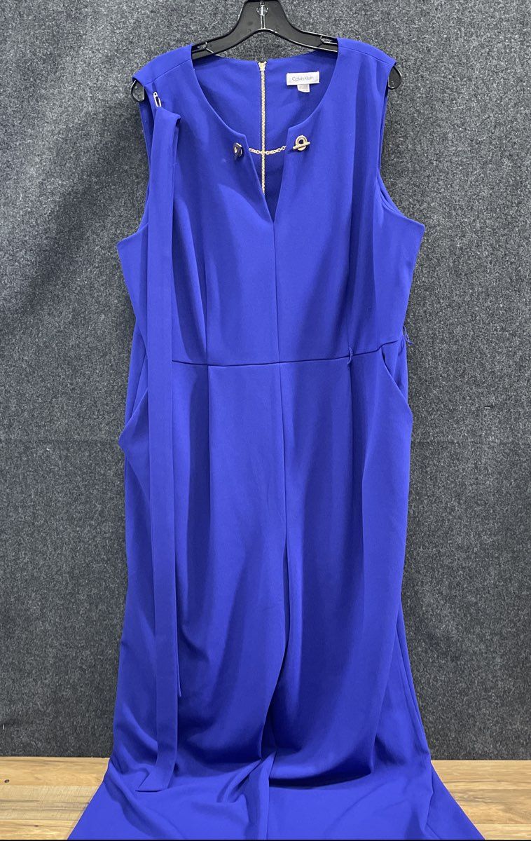 Calvin Klein Women's Blue Sleeveless Wide Leg Jumpsuit T-Bar Hardware Sz 18W