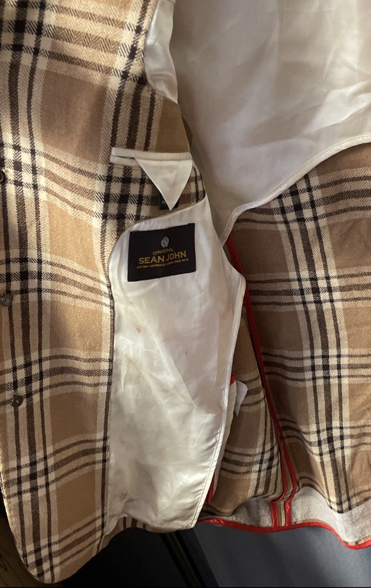 Sean John Men's Tan Plaid Wool Blend Blazer Sport Coat Jacket Sz S