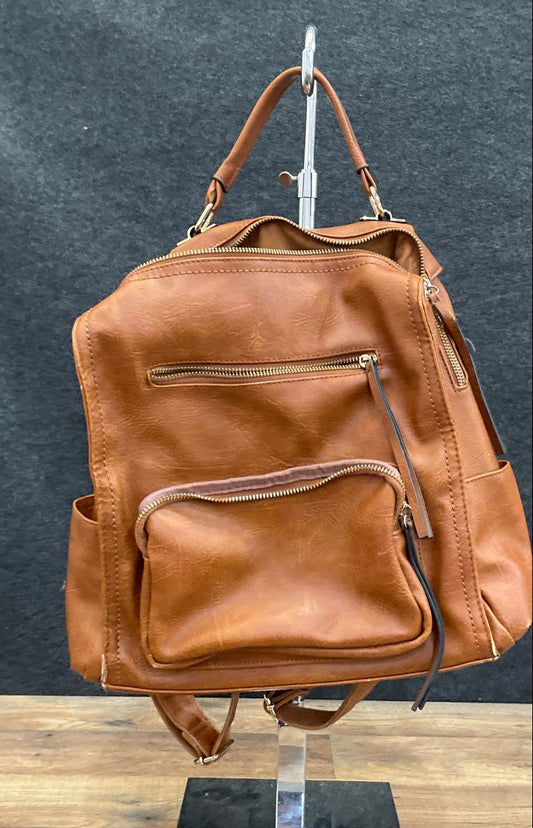 Tan Brown Faux Leather Multi-Pocket Backpack Handbag Gold Tone Hardware