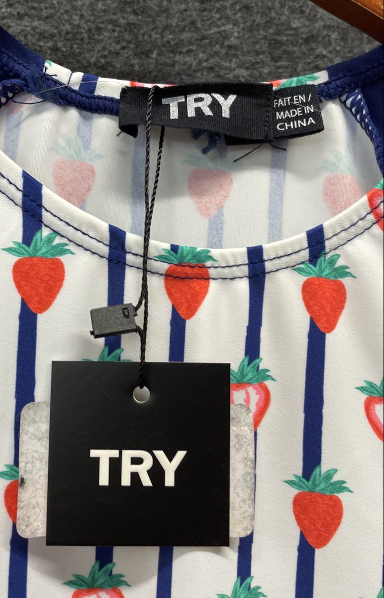 TRY Women's Strawberry Fruit Print Cover Up Dress Navy Blue Ruffled Sz 14 NWT