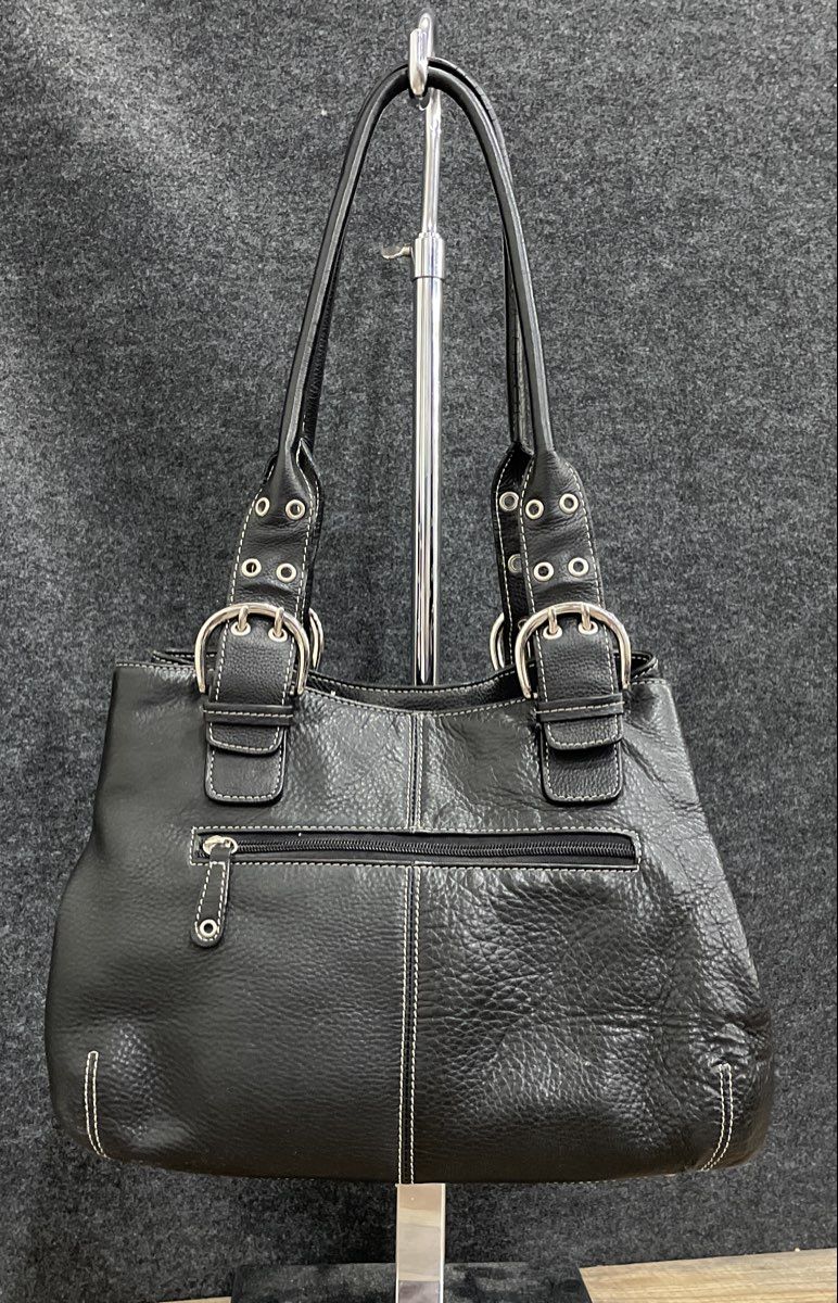Tignanello Black Pebbled Leather Shoulder Bag Tote White Contrast Stitching