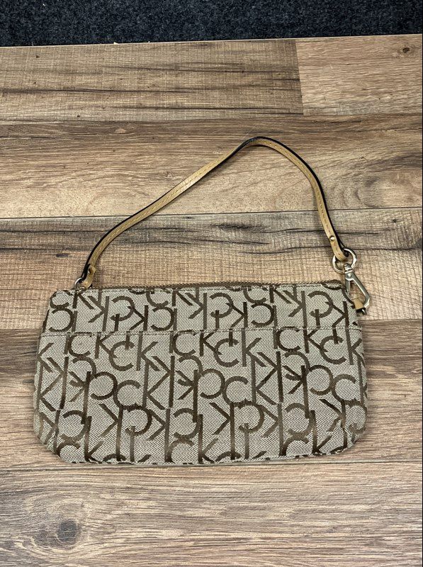 Calvin Klein Beige Brown Monogram Logo Small Shoulder Bag Wristlet Gold Hardware