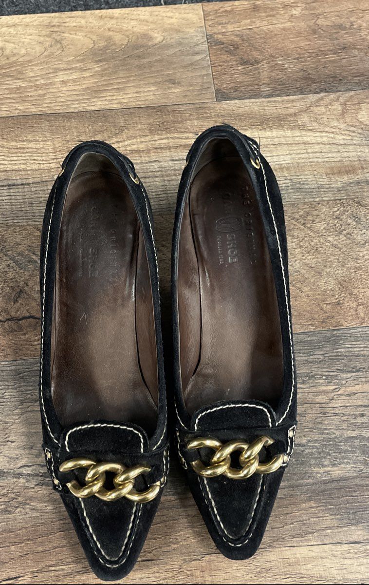 The Original Car Shoe Black Suede Gold Chain Kitten Heel Pumps Size 36.5