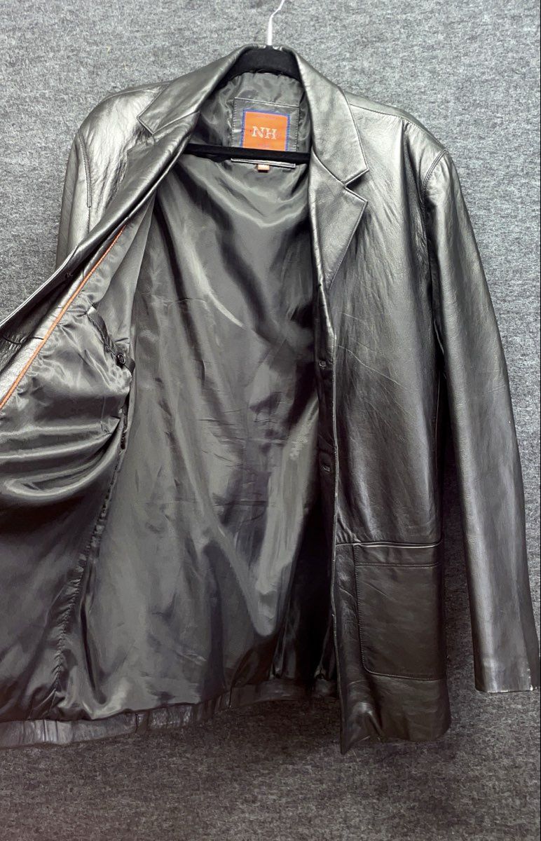 NH League Men's Black Leather Car Coat Blazer Jacket Vintage 90s Sz 46L