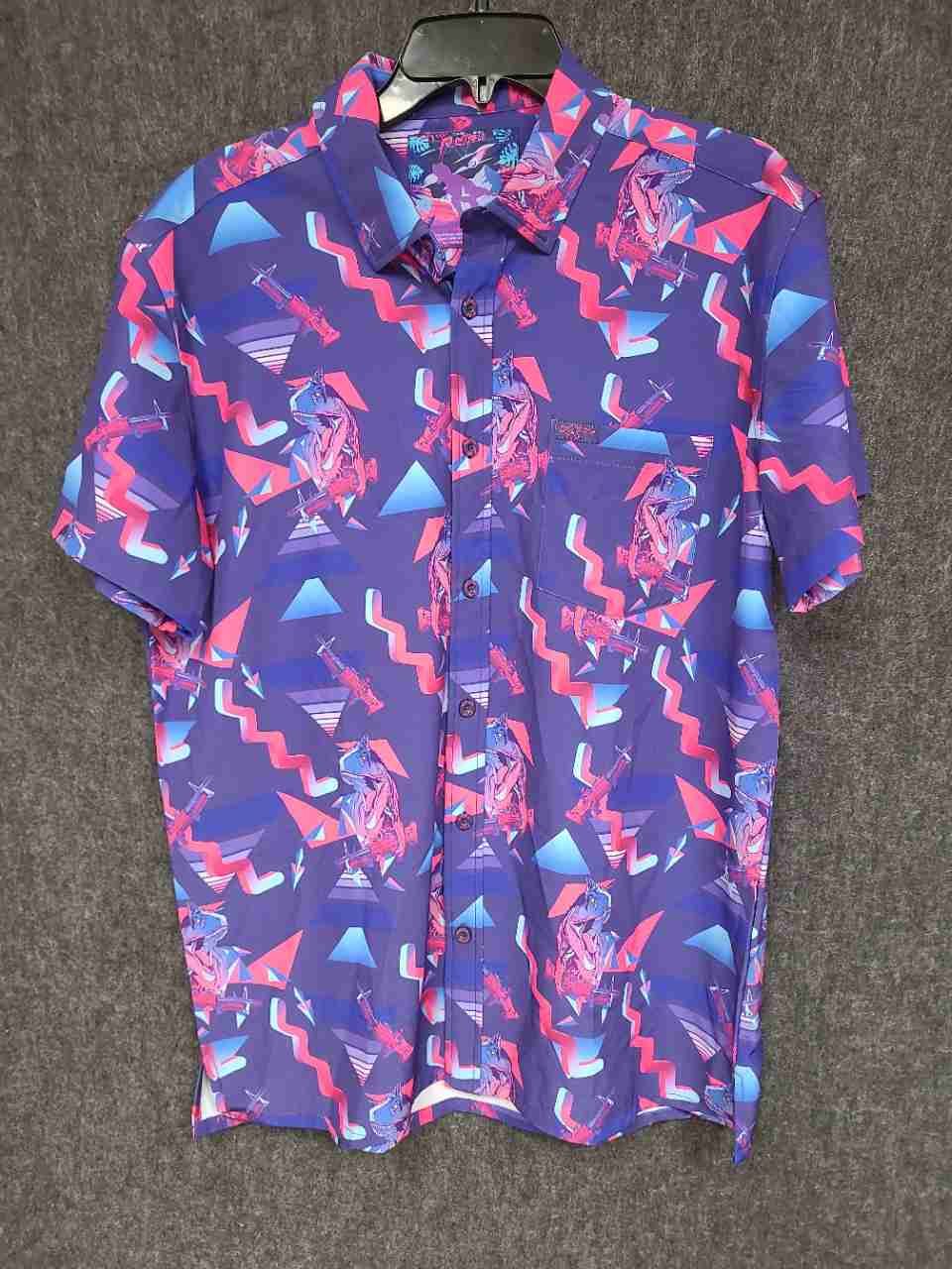 Retro Rifle Men's Prehistoric Dinosaur Machine Gun Vaporwave Button Down Shirt L