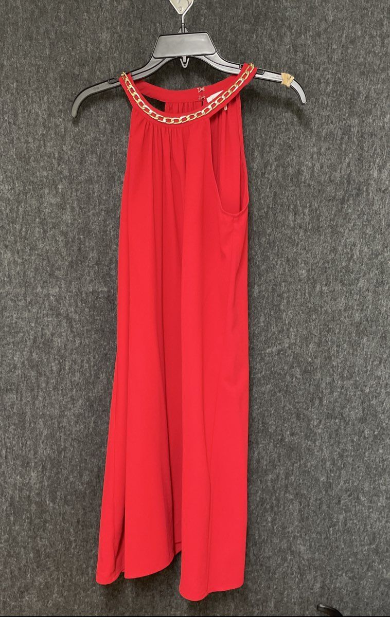 Calvin Klein Women's Red Dress Gold Chain Neckline Sleeveless Sz 8
