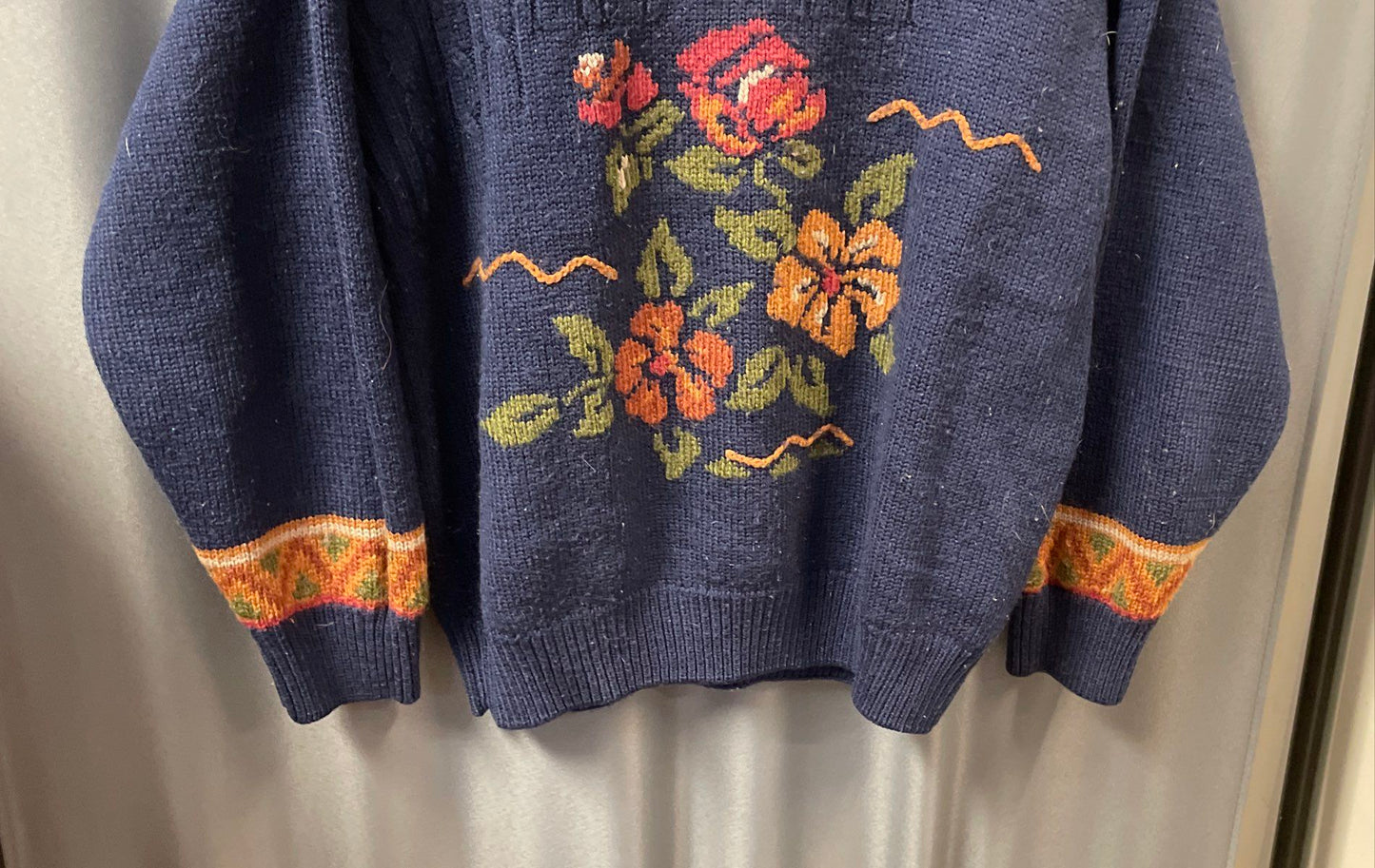 Vintage 90s Together! Blue Floral Cable Knit Wool Blend Sweater Sz M