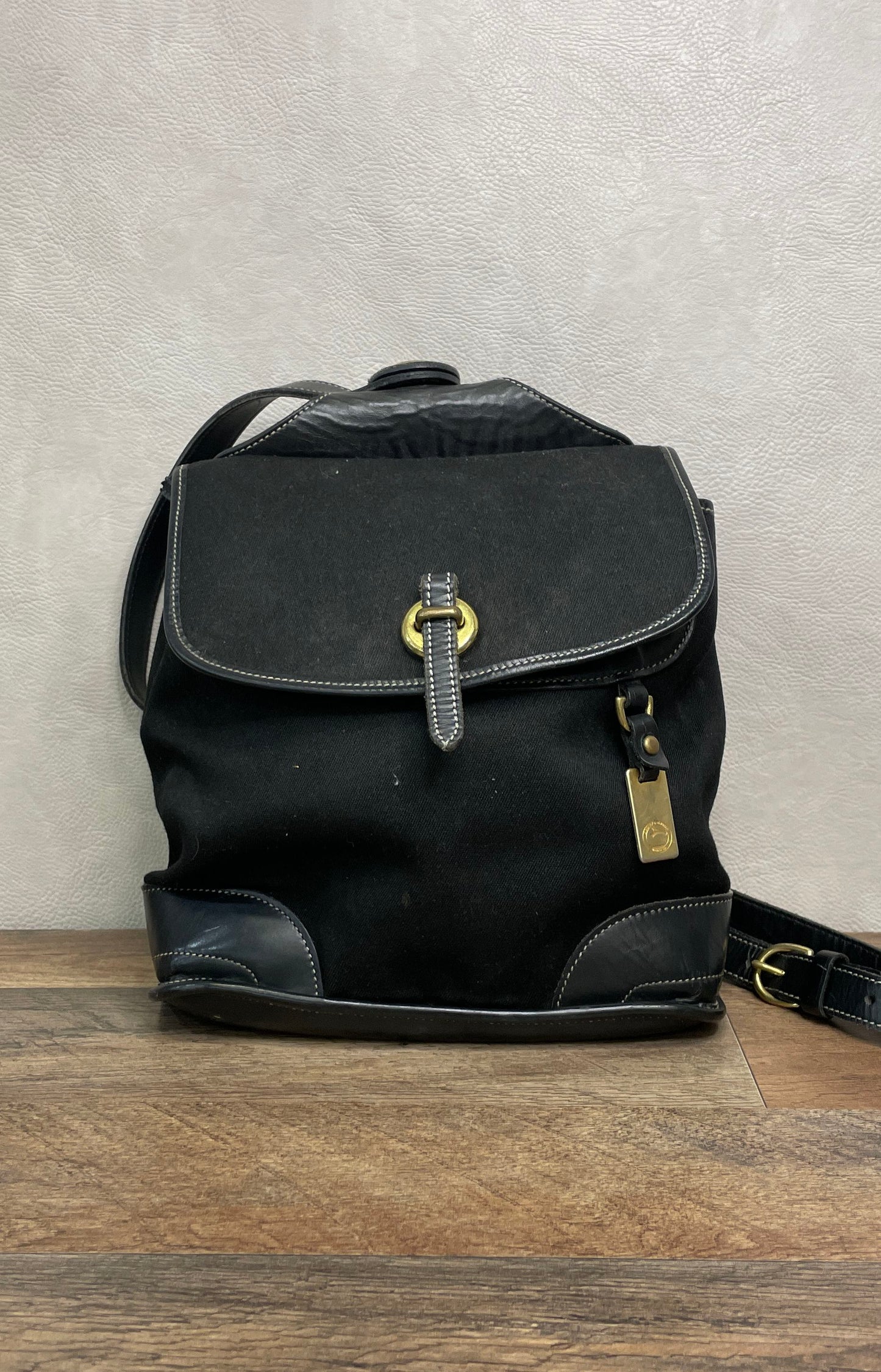Vintage 90s Dooney & Bourke Black Canvas Leather Backpack Bag Brass Made in USA