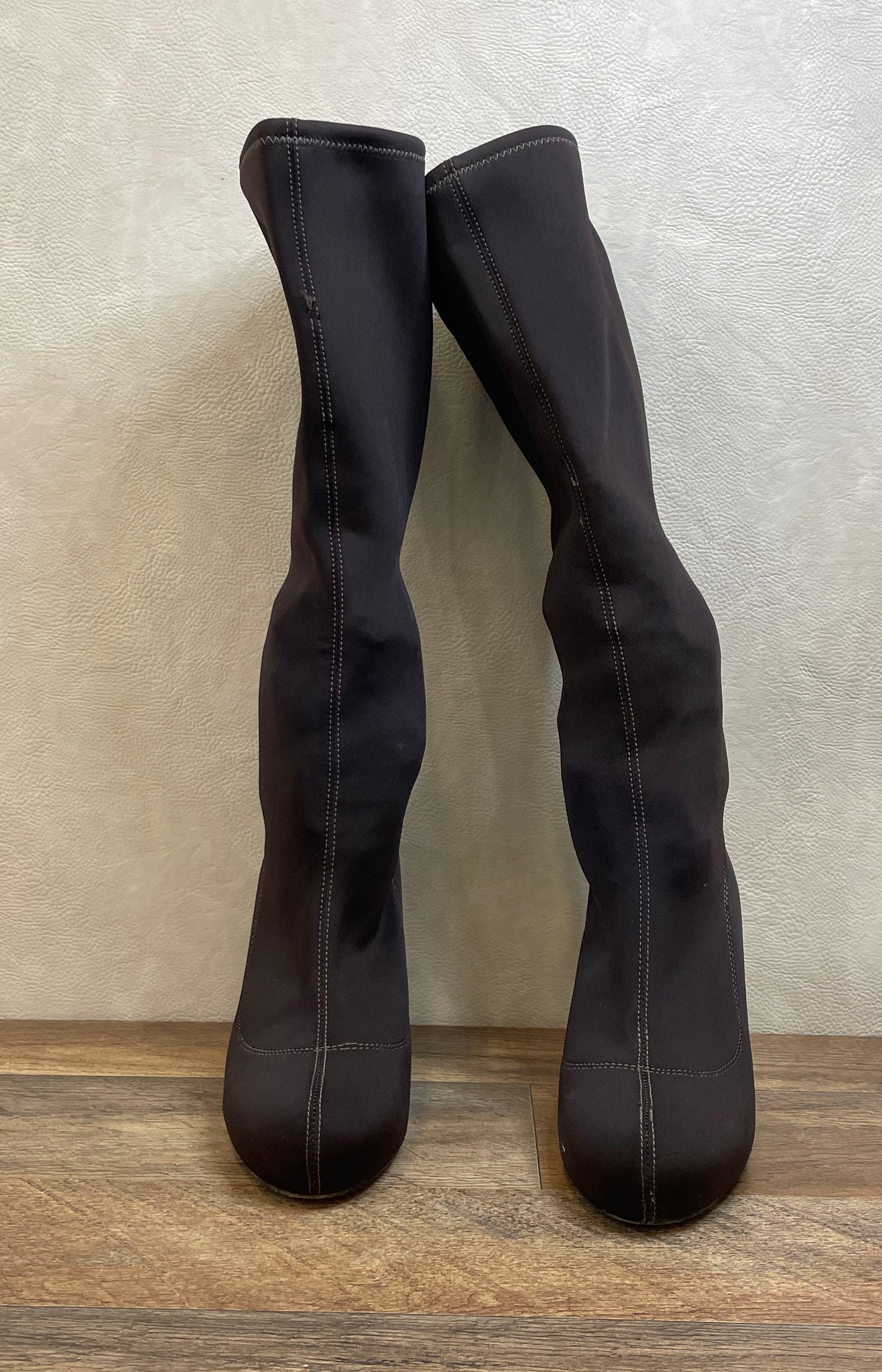 Martinez Valero Dark Brown Stretch Fabric Knee High Stiletto Boots Size 8.5