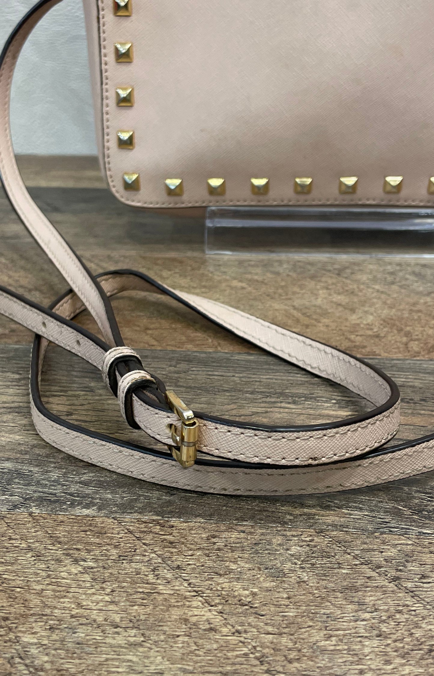 Michael Kors Blush Pink Studded Saffiano Leather Jet Set Crossbody Bag Gold