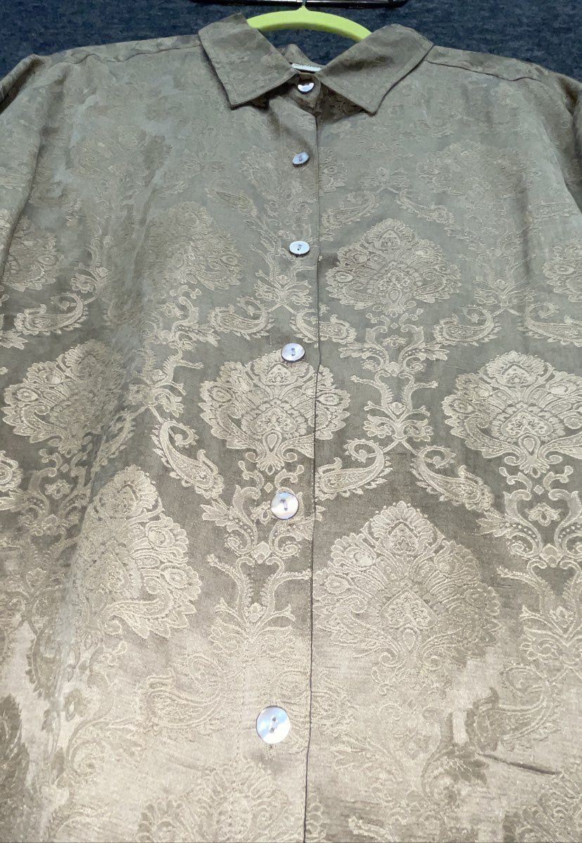 Chico's Women's Gold Damask Jacquard Silk Linen Button Up Blouse Sz 2