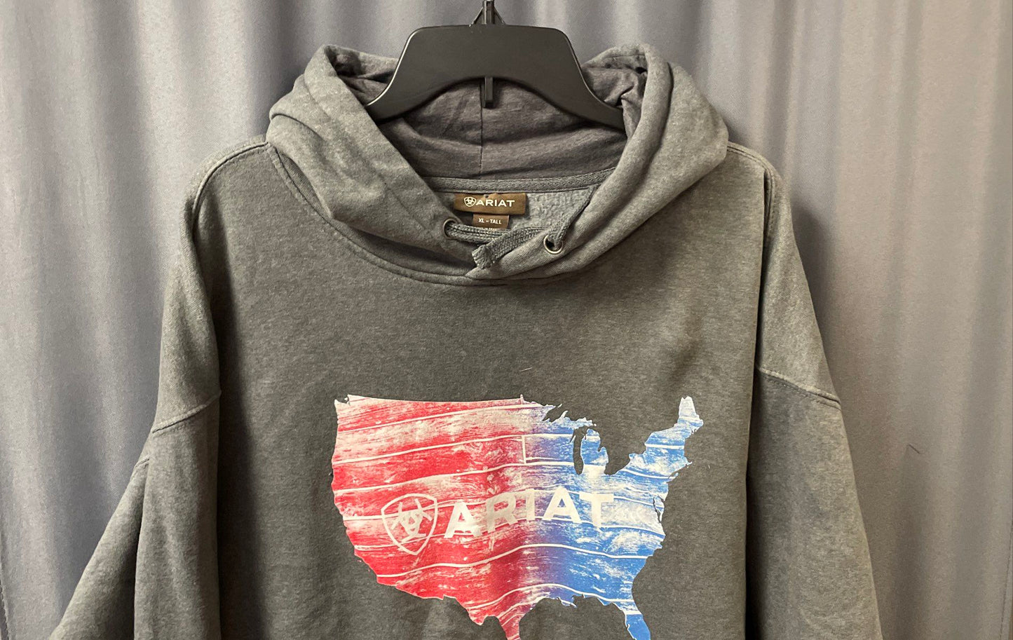 Ariat Men's Gray USA Flag Graphic Pullover Hoodie Fleece Sweatshirt Sz XL Tall