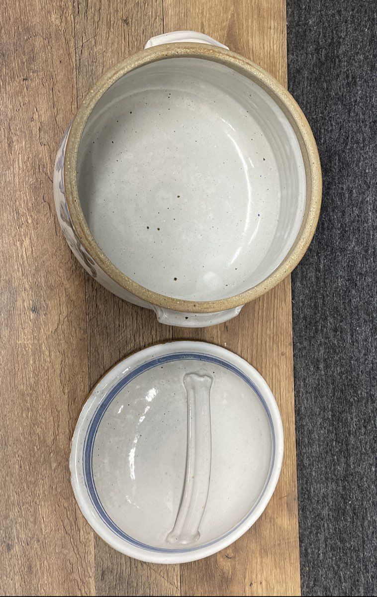 Vintage Studio Art Pottery Casserole Dish Lidded Stoneware Blue Floral Signed