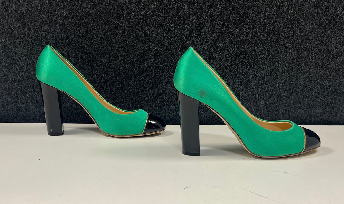 J.Crew Faded Jade Green Black Patent Cap Toe Block Heel Pumps Size 6