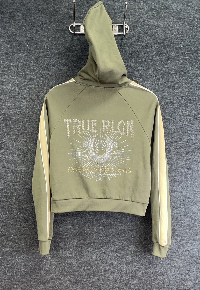True Religion Women's Olive Green Rhinestone Cropped Full Zip Hoodie Sz S
