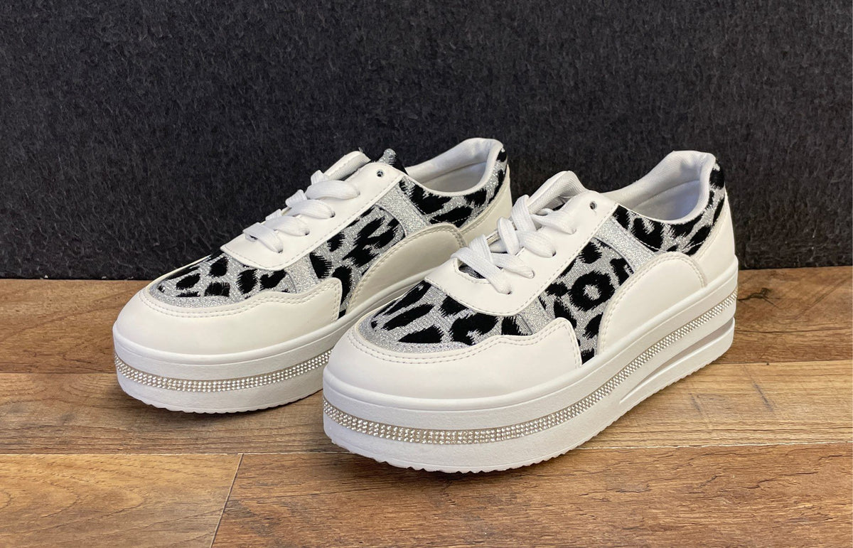 Top Moda White Rhinestone Metallic Leopard Print Platform Sneakers Size 6.5