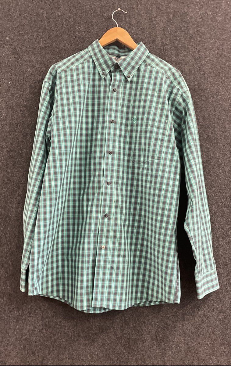 Ariat Men's Pro Series Plaid Button Down Shirt Teal Green Long Sleeve Sz L
