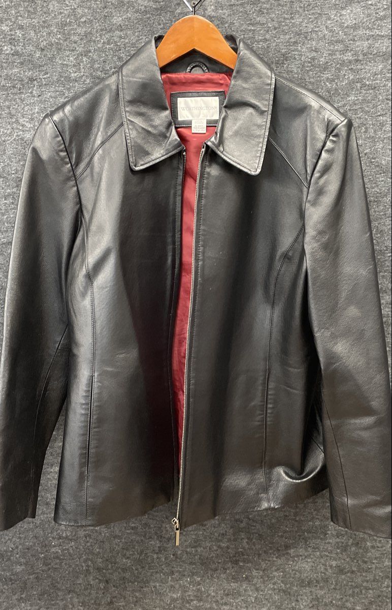 Vintage Y2K Worthington Women's Black Leather Full Zip Jacket Red Lining Sz L