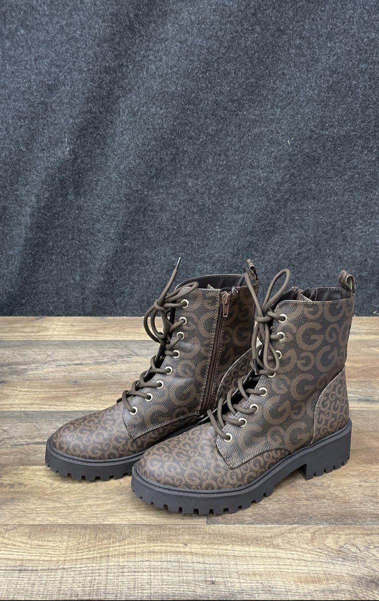 GBG Los Angeles Raven Brown Monogram G Logo Combat Boots Women's Size 7.5